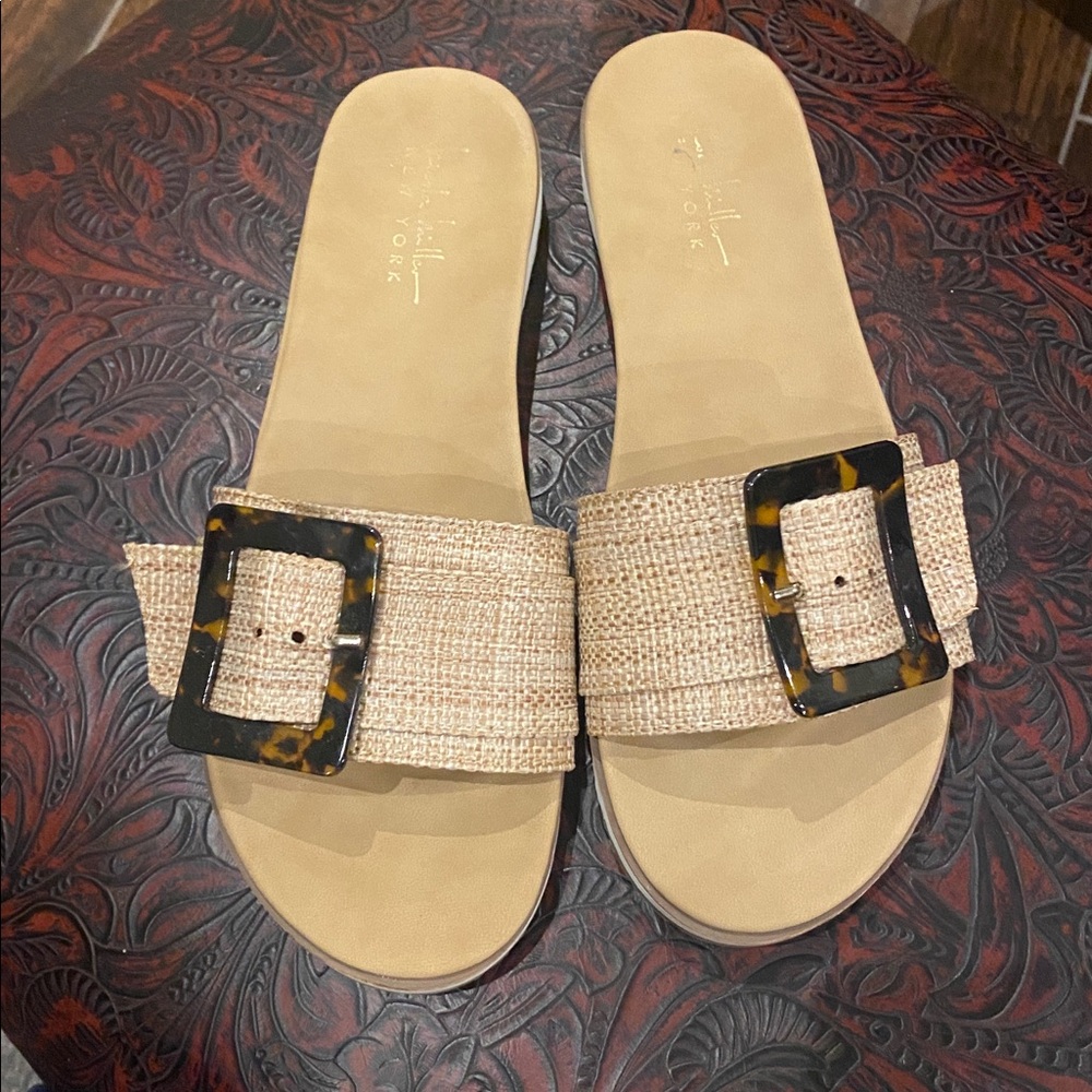 Nicole Miller Beige Slide Sandals with Tortoise Buckle